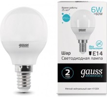 Лампа светодиодная GAUSS Шар elementary шар 6w 450lm 4100k е14 led [53126]