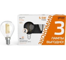 Лампа светодиодная GAUSS Basic Filament Шар 5,5W 510lm 2700К Е14 LED (3 лампы в упаковке) [1051116T]