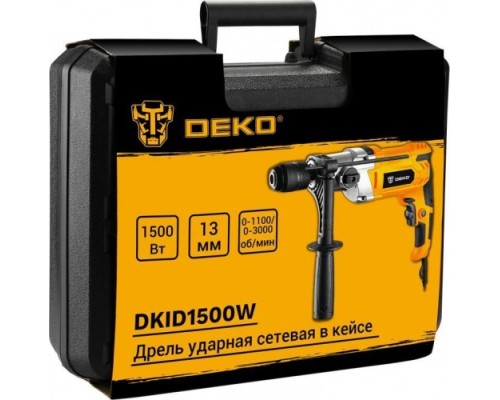 Дрель ударная сетевая DEKO DKID1500W двухскоростная, в кейсе, БЗП [063-4322]