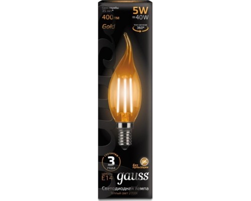 Лампа светодиодная GAUSS Свеча filament на ветру 5w 400lm 2700к е14 golden led [104801005]