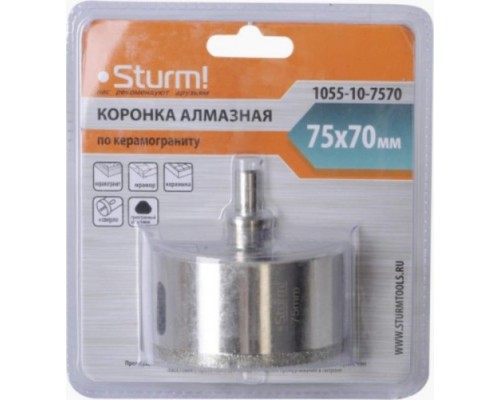 Алмазная коронка для мокрого сверления STURM 1055-10-7570 по керамограниту 75х70 мм, хвост. с проточками