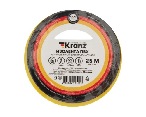 Изолента Kranz KR-09-2107 ПВХ 15 мм х25 м, желто-зеленая