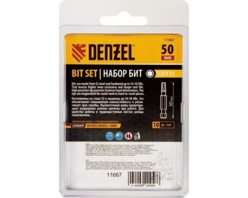 Набор бит DENZEL TORX 10х50 сталь s2, шестигранный профиль, 10 шт. [11667]