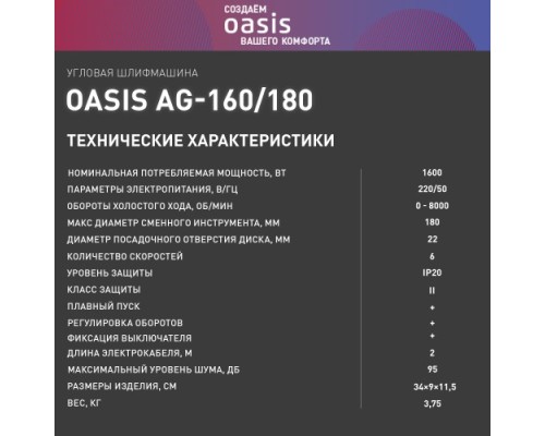 Угловая шлифмашина сетевая OASIS AG-160/180 [4640039482413]