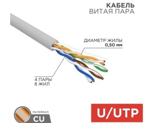 Кабель REXANT U/UTP, CAT 5e, PVC 4x2x0,50 мм, 24AWG внутренний, серый [01-0043-R]