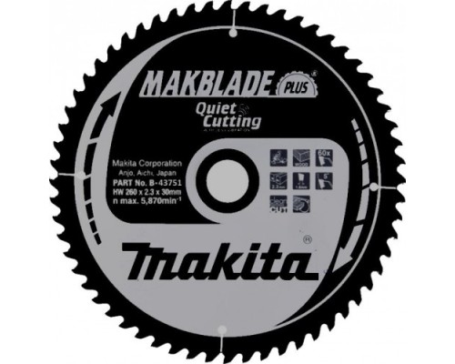 Пильный диск по дереву MAKITA 260x30x1.8x60T для makblade plus [B-43751]