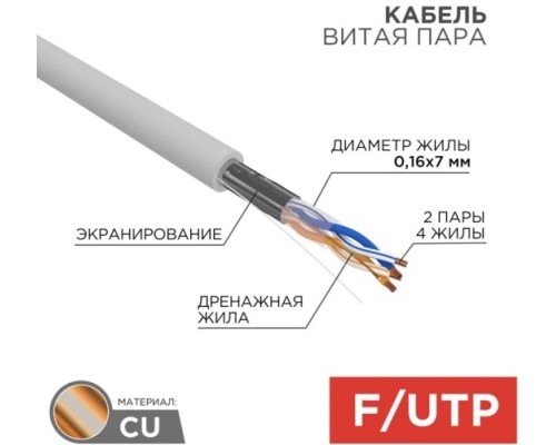 Кабель REXANT F/UTP, CAT 5e, PVC 2х2х(0,16х7)мм, внутр., многожильный, серый [01-0125]