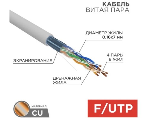 Кабель REXANT F/UTP, CAT 5e, PVC 4х2x(0,16х7)мм, внутр., многожильный, серый [01-0145]