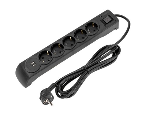 Фильтр сетевой Kranz 13-4703 5 гнезд, 5м, 3х1,5мм², с автовыкл, 2USB, черный Фильтр сетевой Kranz 13-4703 5 гнезд, 5м, 3х1,5мм², с автовыкл, 2USB, черный