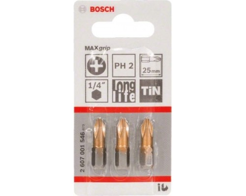 Бита для заворачивания BOSCH Max Grip 25 мм PH2 3шт [2607001546]