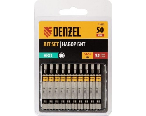 Набор бит DENZEL HEX 3х50 сталь s2, шестигранный профиль, 10 шт. [11661]