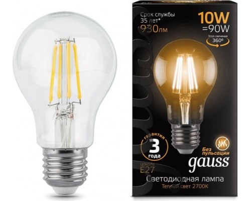 Лампа светодиодная GAUSS A60 filament а60 10w 930lm 2700к е27 led [102802110]