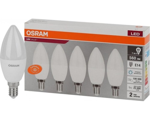 Лампа светодиодная OSRAM LED VALUE clb60 7sw/865 230v e14 (уп 5 шт) [4058075577985]