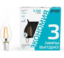 Лампа светодиодная GAUSS Basic Filament Свеча на ветру 5,5W 530lm 4100К Е14 LED (3 лампы в упаковке) [1041126T]