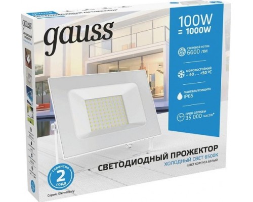 Прожектор GAUSS Elementary 100w 9500lm 6500k 175-265v ip65 белый led [613120300]