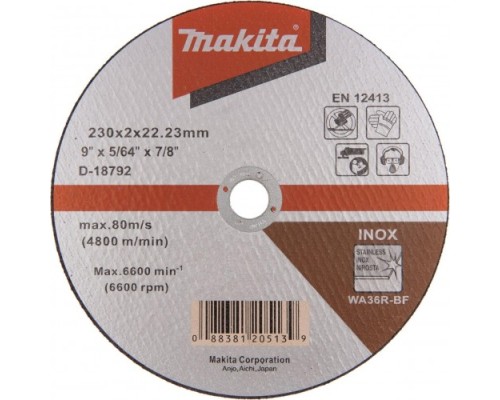 Отрезной круг по нержавеющей стали MAKITA 230х2х22.23 мм WA36  D-18792 [D-18792]