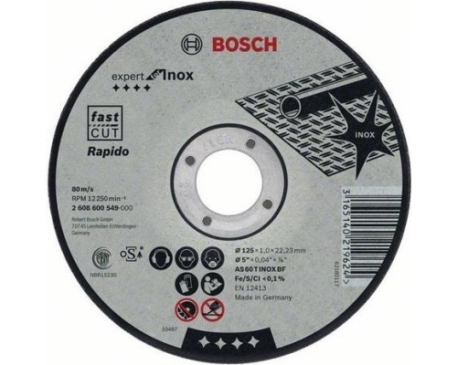 Отрезной круг по нержавеющей стали BOSCH 115х1,0х22 мм AS60TINOX-BF Expert for Inox - Rapido [2608600545]