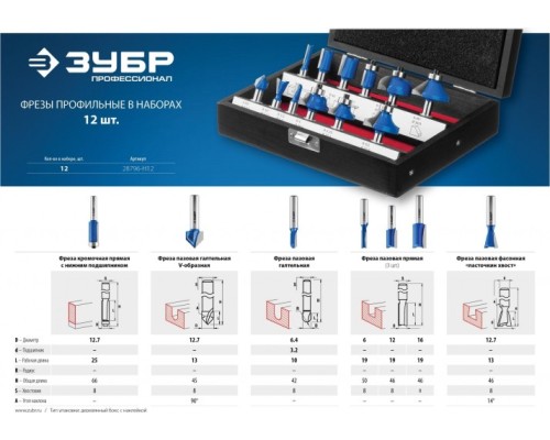 Набор фрез по дереву ЗУБР 28796-H12 ПРОФЕССИОНАЛ