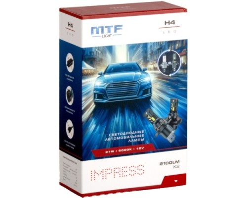 Лампа светодиодная MTF LIGHT серия IMPRESS, H4, 12V, 21W, 2100LM, 6000K,(размер штатн. лампы) HT04K6