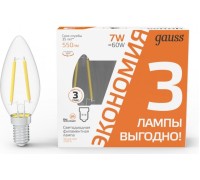 Лампа светодиодная GAUSS Filament Cвеча E14 7W 550lm 2700К LED ( в упаковке 3шт) 103901107T