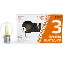 Лампа светодиодная GAUSS Basic Filament Шар 5,5W 510lm 2700К Е27 LED (3 лампы в упаковке) [1051216T]