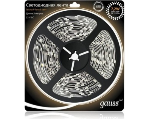 Лента светодиодная GAUSS LED 5050/30-smd 7.2w 12v dc теплый белый (блистер 5м) [312000107]