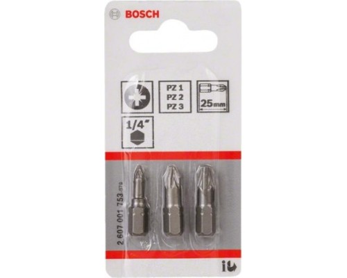 Бита для заворачивания BOSCH Extra Hard 25 мм PZ/1/2/3 3шт [2607001753]