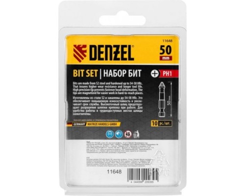 Набор бит DENZEL PH1х50 сталь s2, круглый профиль, 10 шт. [11648]