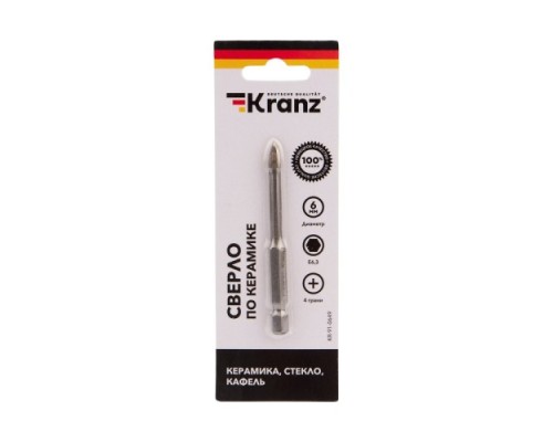 Сверло по стеклу и керамике Kranz KR-91-0649 6 мм, 4 грани