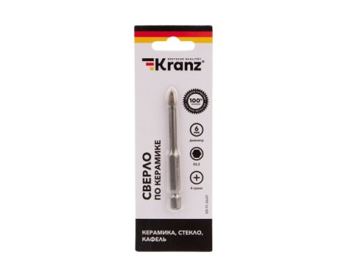 Сверло по стеклу и керамике Kranz KR-91-0649 6 мм, 4 грани Сверло по стеклу и керамике Kranz KR-91-0649 6 мм, 4 грани