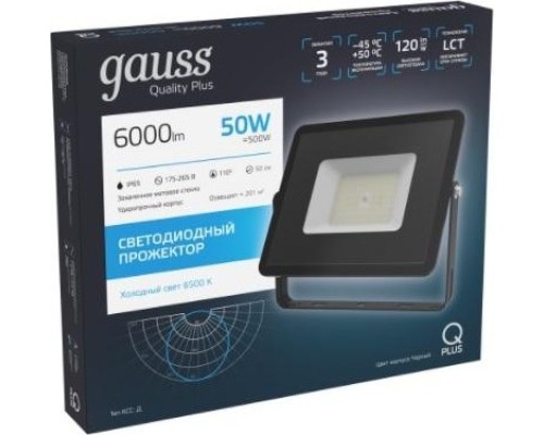 Прожектор GAUSS Qplus 50w 6000lm 6500k 175-265v ip65 черный led [613511350]