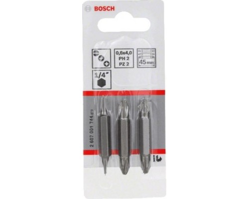 Бита для заворачивания BOSCH Extra Hard двусторонняя 45 мм PH2PZ2/S0.6x4.0 3шт [2607001744]