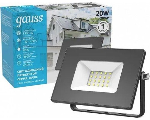 Прожектор GAUSS Elementary 20w 1750lm 6500к 200-240v ip65 черный led [613100320]