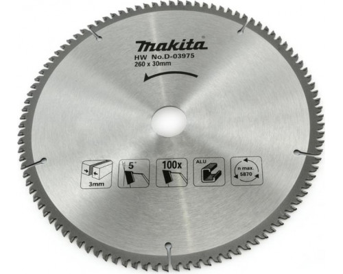 Пильный диск по алюминию MAKITA 260x30x1.8x100T D-03975