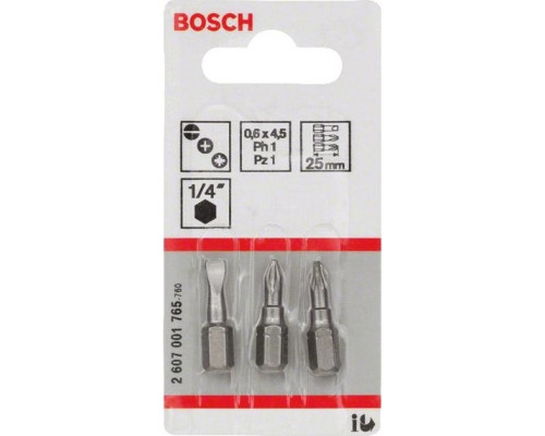 Бита для заворачивания BOSCH Extra Hard 25 мм S0.6х4.5/PH1/PZ1 3шт 2607001765