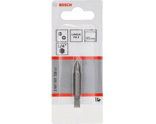 Бита для заворачивания BOSCH Extra Hard двусторонняя 45 мм S1.0x5.5 / PH2 2607001738