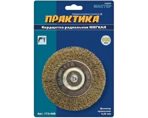 Щетка обдирочная для дрели ПРАКТИКА радиальная мягкая D-100 мм , хвост 6 мм 773-408 773-408
