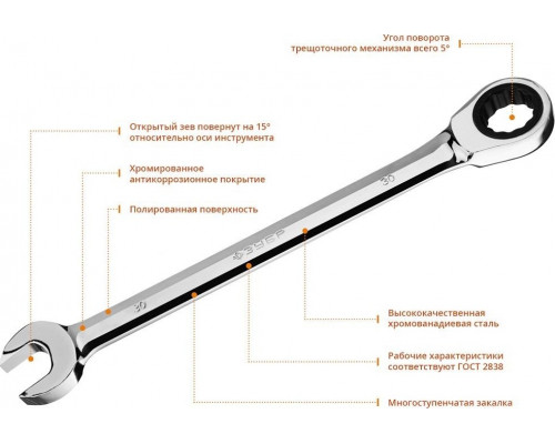 Ключ комбинированный трещоточный ЗУБР МАСТЕР гаечный 30 мм, 27074-30