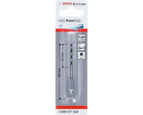 Сверло по металлу BOSCH 2,5 х 30/69 мм, HSS PointTeQ с шестигранным хвостовиком 2608577518