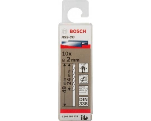 Сверла по металлу BOSCH HSS-CO кобальтовое 2.0 х 24/49 мм (уп.10шт) 2608585874