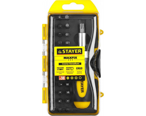 Отвертка реверсивная в наборе с битами STAYER Compact Cr-V сталь, 38 предметов 2557-H38