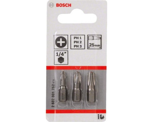 Бита для заворачивания BOSCH Extra Hard 25 мм PH/1/2/3 3шт 2607001752