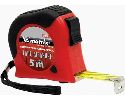 Рулетка MATRIX 5 м x 19 мм double fixation, обрезиненный корпус 31056