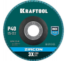 Круг лепестковый KRAFTOOL ZIRCON Inox-Plus циркониевый торцевой 125х22,2мм p40 36594-125-40