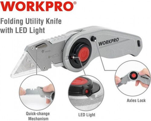 Нож складной WORKPRO WP211009 со сменными лезвиями и подсветкой