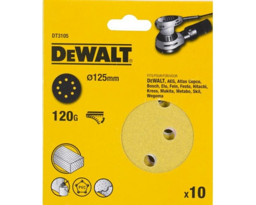 Круг шлифовальный на липучке DeWALT DT3105-QZ 125 мм, 8 отв. G120 (10шт)