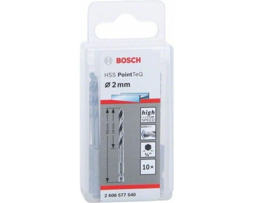 Сверло по металлу BOSCH 2,0 х 24/60 мм, HSS PointTeQ с шестигранным хвостовиком (10шт.) 2608577540