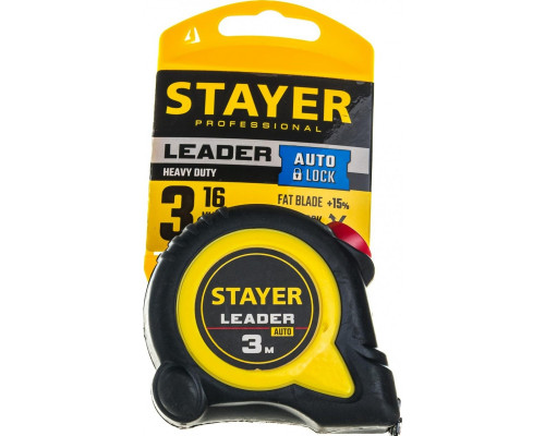 Рулетка STAYER LEADER 3 м / 16 мм с автостопом в ударостойком обрезиненном корпусе 3402-3_z02