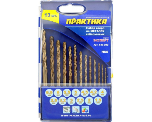 Набор сверл по металлу ПРАКТИКА Р6М5К5 13 шт. (1,5-6,5 мм.) Эксперт 640-292 640-292