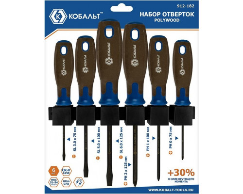 Набор отверток Кобальт 912-182 polywood, cr-v, древесно-полимерная рукоятки (6 шт